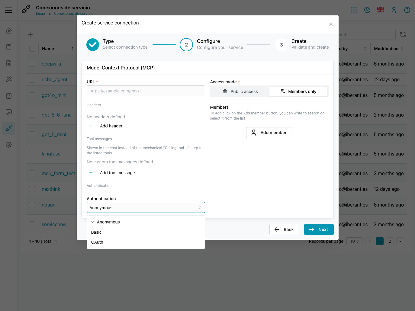 Claybridge Studio form to create a Model Context Protocol (MCP) server connection